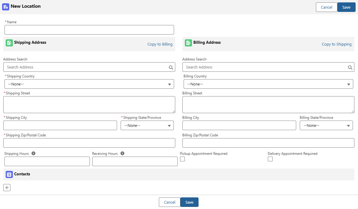 The new location Account modal for creating Stop locations.